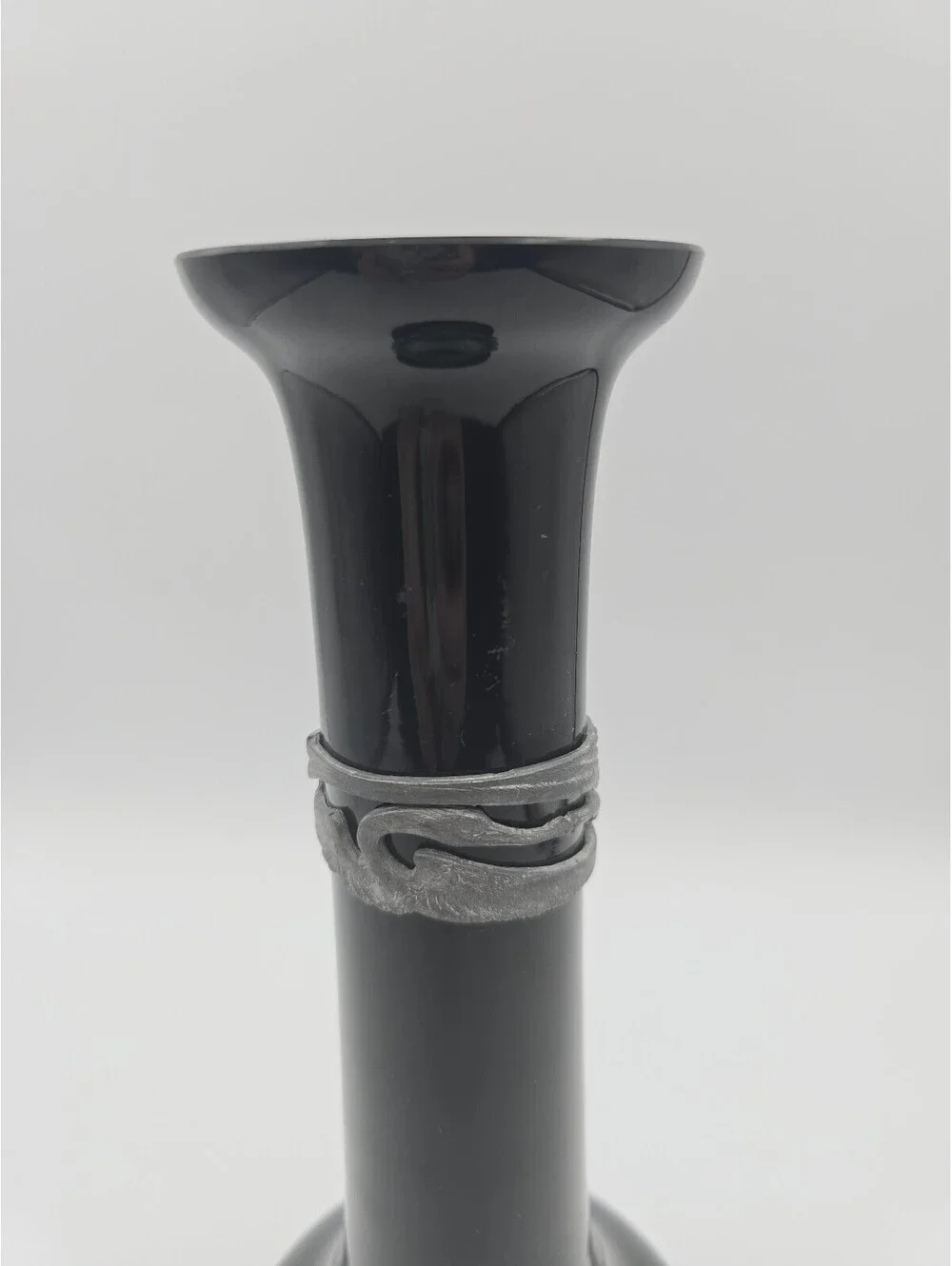 Vintage WMF Black Hyalith Glass Vase Pewter Swan Mount Germany Art Deco